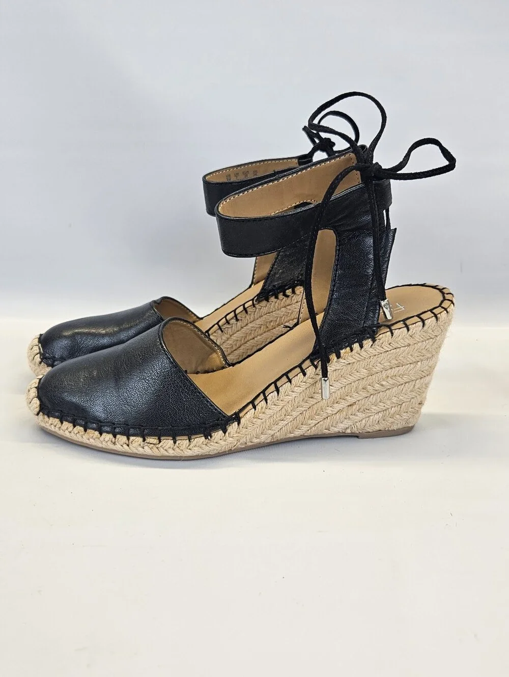 Franco Sarto Black Mariska Leather Espadrille Wedge Sandals Womens Ankle Tie 9